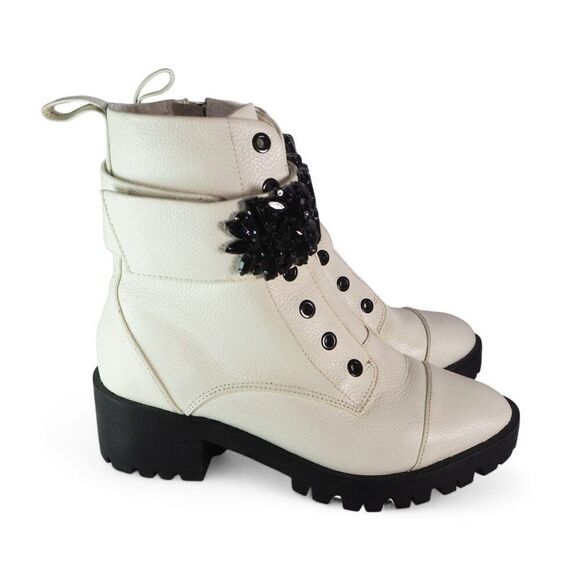 Karl Lagerfeld Pippa Jeweled Strap Pebbled Leather Lug Boots "Bone" Women's 6.5 - Picture 4 of 11